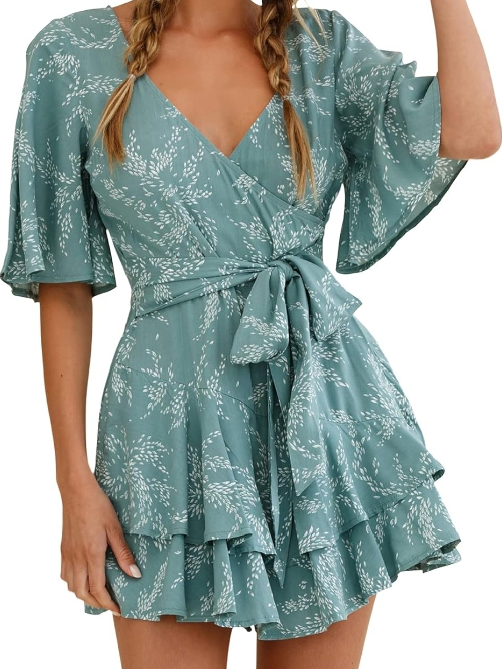 Teal Blue Floral Wrap Ruffle Romper 2X